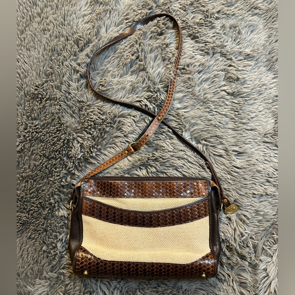 Vintage Brahmin Brown Woven Leather Beige Canvas Purse Shoulder Excellent